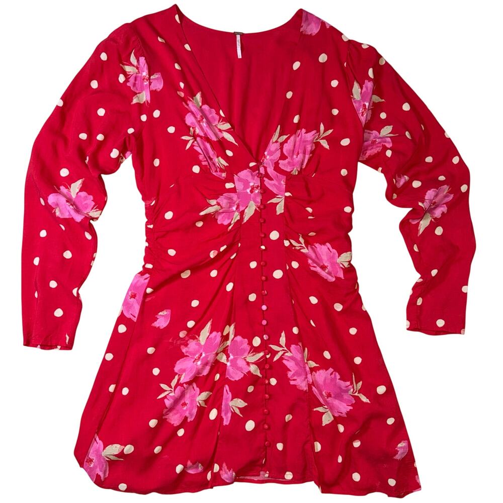 Free‎ People Heartbeats Mini Dress Red Floral Polka Dot Button Front Boho L